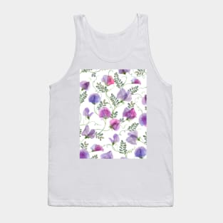 Sweet pea watercolor flowers and leaves seamless translucent composition. Transparent floral spring romantic bouquets Tank Top